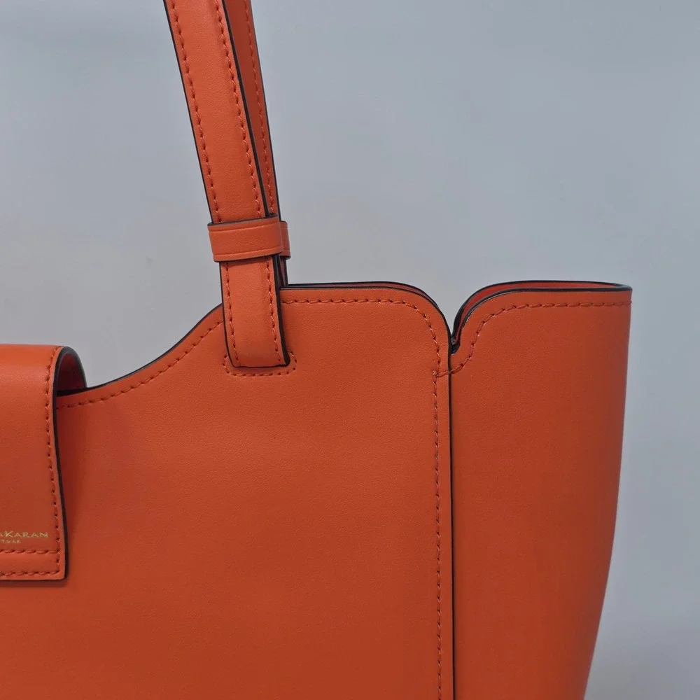 Donna Karan New York Orange Leather Tote Bag Gold Crescent Hardware Shoulder Bag